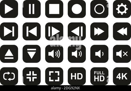 Video & Audio & Camera Button Icons White On Black Flat Design Set Big Stock Vector