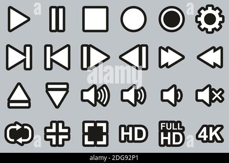 Video & Audio & Camera Button Icons White On Black Sticker Set Big Stock Vector