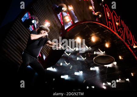 Brian Johnson, of the Australian rock band AC/DC, performing live for the “Rock or Bust World Tour” at the Autodromo Enzo e Dino Ferrari of Imola, Italy Stock Photo