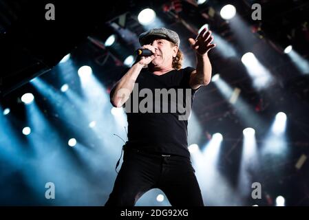 Brian Johnson, of the Australian rock band AC/DC, performing live for the “Rock or Bust World Tour” at the Autodromo Enzo e Dino Ferrari of Imola, Italy Stock Photo