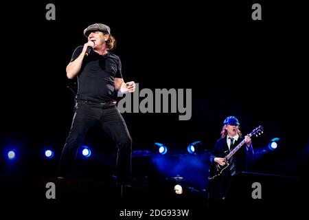 Brian Johnson and Angus Young of Australian Rock group AC/DC performing ...