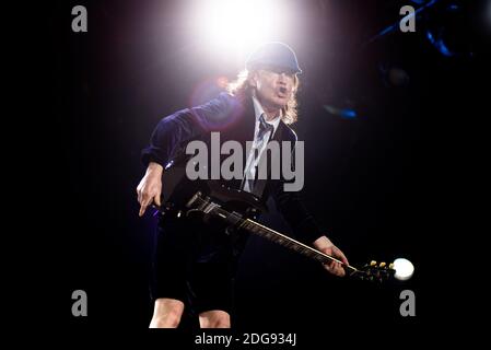 Angus Young, of the Australian rock band AC/DC, performing live for the “Rock or Bust World Tour” at the Autodromo Enzo e Dino Ferrari of Imola, Italy Stock Photo