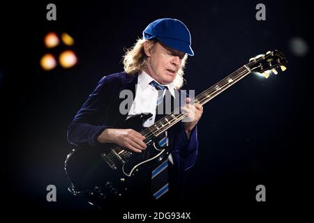 Angus Young, of the Australian rock band AC/DC, performing live for the “Rock or Bust World Tour” at the Autodromo Enzo e Dino Ferrari of Imola, Italy Stock Photo