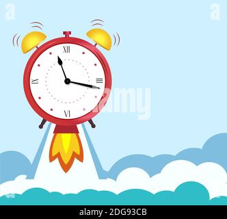 Business Concept quickly approaching deadline. Alarm clock red wake-up time. Vector illustration isolated on blue background in flat style. Stock Vector