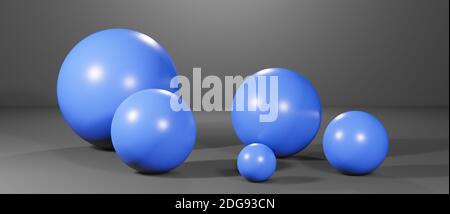 Abstract round spheres, globes or balls in realistic digital studio interior, cgi render illustration, background wallpaper rendering, blue, dark Stock Photo