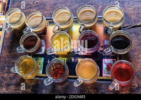 Many types of coffee lined up for sampling in Bali, Indonesia Stock Photo