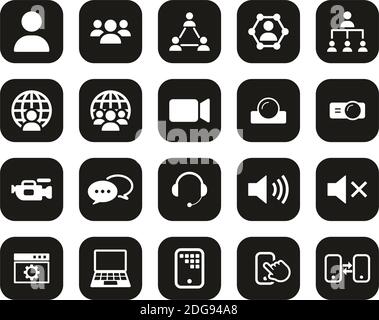 Video Conference Icons White On Black Flat Design Set Big Stock Vector