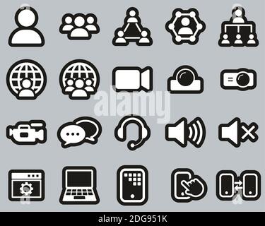 Video Conference Icons White On Black Sticker Set Big Stock Vector