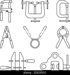 Clamp. Screw clamp. Hand tools. Thin line icons Stock Vector