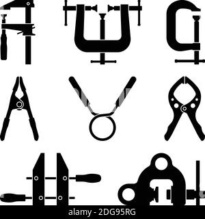 Clamp. Screw clamp. Hand tools. Silhouette icons Stock Vector