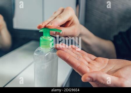 close up. a young man washes his hands with soap. Stock Photo