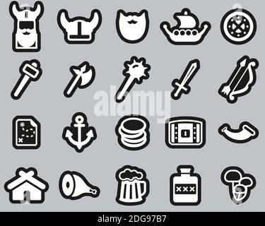 Viking Icons White On Black Sticker Set Big Stock Vector