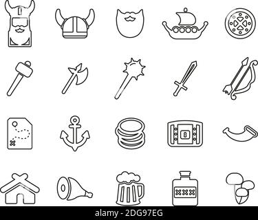 Viking Icons Black & White Thin Line Set Big Stock Vector