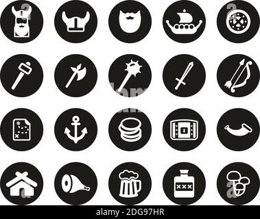 Viking Icons White On Black Flat Design Circle Set Big Stock Vector