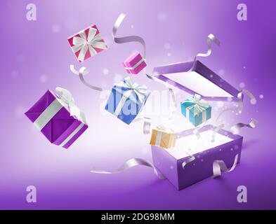 Ribbons and gifts bursting out from purple color open gift box Stock Photo