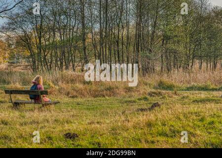 Pensive curly blonde woman sitting amid pristine nature in a park or meadow. Reflective, thoughtful person sits stress free on a wooden seat bench Stock Photo