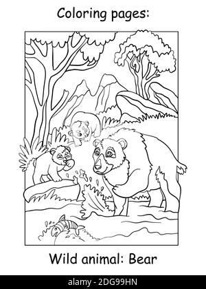 Vector coloring pages with cute bear mom and two cubs in mountain. Cartoon contour illustration isolated on white background. Stock illustration for c Stock Vector