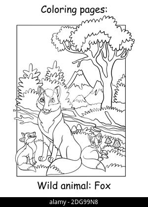 Vector coloring pages with cute fox mom and two cubs in mountain area. Cartoon contour illustration isolated on white background. For coloring book, p Stock Vector