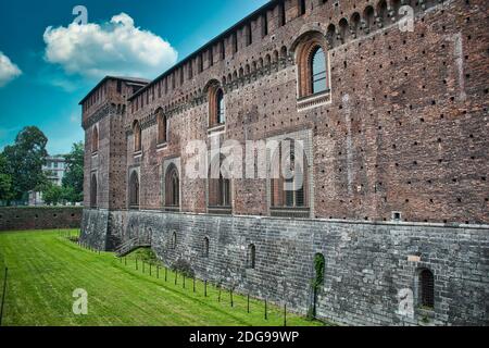 Enormous walls of the magnificent Sforza Castle , Castello Sforzesco in Milan, Italy Stock Photo