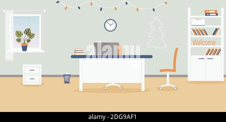 Christmas interior of working place in the office on the light blue background.Xmas atmosphere:garland of light bulbs, Christmas tree.Furniture: table Stock Vector