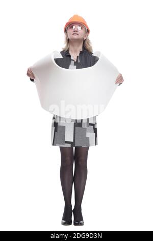 qualified woman reading the drawing . isolated on a white Stock Photo