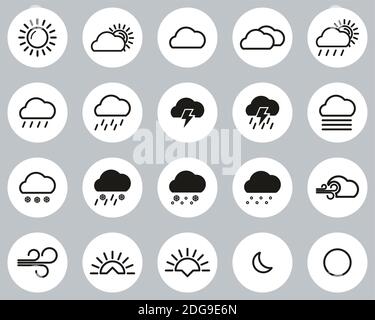 Weather Icons Black & White Flat Design Circle Set Big Stock Vector