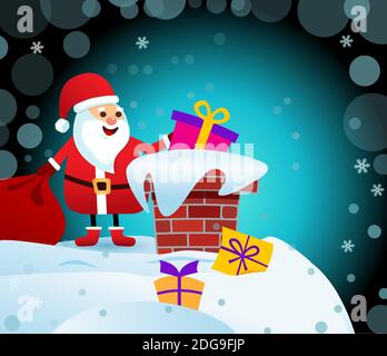 Dark Illustration Merry Christmas. Santa Claus on the roof with a bag of gifts, throws a gift in the chimney. Stock Vector