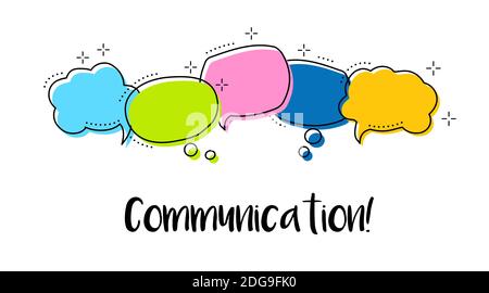 Bright Color dialog speech bubbles with icons and text Comunication. On white background. Safety communication technology concept. mobile technology. Stock Vector