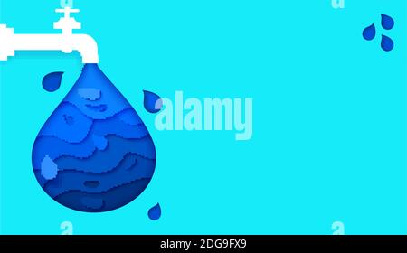 Blue Banner, Save water earth recourses ecological concept for environmental infographic. paper cut style. Vector illustration. Stock Vector