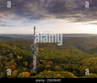 tv-tower in zalaegerszeg with autumn forest Stock Photo