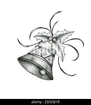 Vintage Christmas bell ink drawing isolated on white, festive hand drawn illustration with Christmas bell decorated with holly and berries Stock Photo