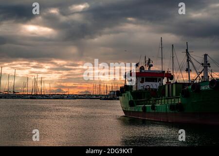 Dramatic sunset and beautiful ship at Pendik, İstanbul. Sunset landscape photograph. Amazing view İstanbul. Stock Photo