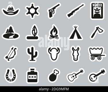 Wild West Icons Black & White Sticker Set Big Stock Vector