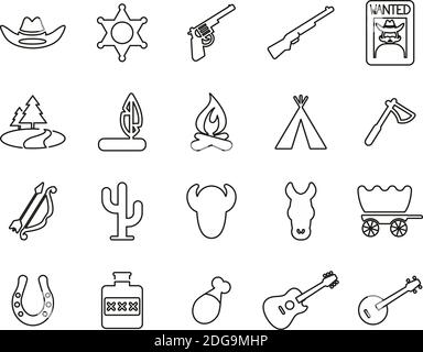 Wild West Icons Black & White Thin Line Set Big Stock Vector