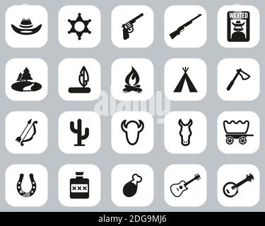 Wild West Icons Black & White Flat Design Set Big Stock Vector