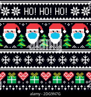 Christmas seamless vector pattern with Santa wearing covid-19 coronavirus safety mask - ugly jumper or sweater style Stock Vector