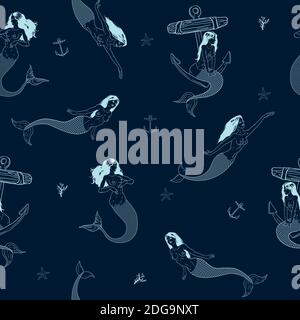 Mermaid, marine plants, corals and seaweed. Vintage seamless pattern with hand drawn marine flora. Vector illustration in line art style.Design for Stock Vector