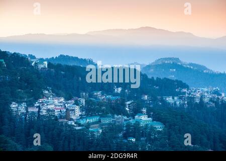 India, Himachal Pradesh, Shimla, View of mountains at dawn Stock Photo