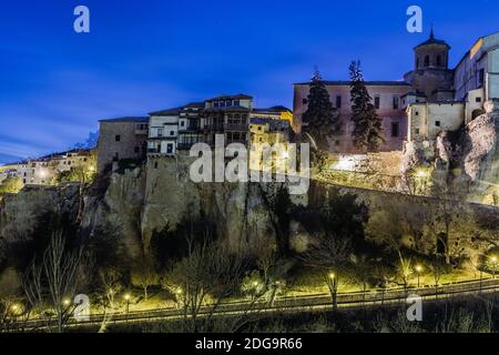 Casas Colgadas Hanging Houses in Cuenca Spain and old houses in Castilla La Mancha at night with trees Stock Photo