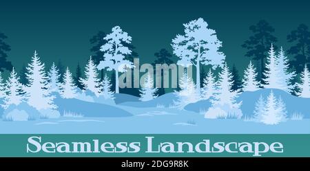 Seamless Horizontal Christmas Winter Night Forest Landscape with Fir and Pine Trees Silhouettes and Blue Snow. Vector Stock Vector