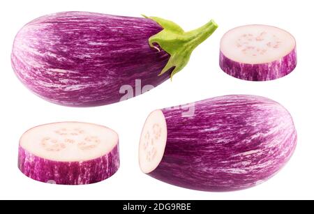 Isolated eggplant collection. Whole raw purple aubergine and cut into pieces isolated on white background Stock Photo