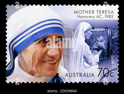AUSTRALIA - CIRCA 2015: a postage stamp printed in Australia showing an image of Nobel Peace Prize winner Mother Teresa, circa 2015. Stock Photo
