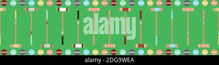 Croquet game seamless vector border. Fun repeat banner of mallets and balls on lawn green backdrop. Colorful hand drawn design. Edging, ribbon, trim Stock Vector