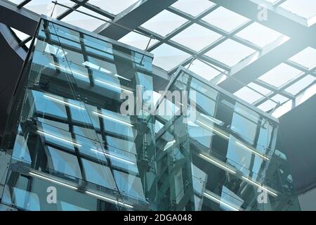 Architecture Abstract Background, Glass Curtain Wall, Fasteners Elements Of Spider Glass System,  Detail Of Facade. Stock Photo