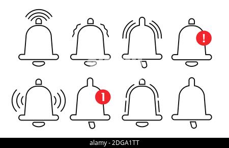 Notification bell icons set vector in outline style. Sign of incoming message or email inbox. Ringing bell for smartphone app, alert notification. Rem Stock Vector