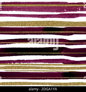 Pattern watercolor stripes in dark red color with gold texture Stock Photo