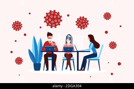 Office worker people in masks work concept vector illustration. Cartoon businessman and businesswoman team sitting at table with laptop and working, wearing medical mask against coronavirus background Stock Vector