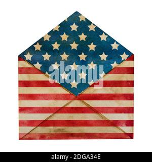 Beautiful postal envelope painted in the national colors of the American Flag. Closeup, no people, texture. Congratulations for family, relatives, fri Stock Photo