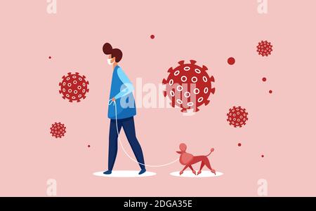 Man in medical respiratory mask walking with pet dog vector illustration. Cartoon walker male character wearing safe face mask to prevent coronavirus cells infection, prevention measure background Stock Vector