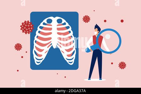 Lungs virus cell medical analysis concept vector illustration. Cartoon man in mask analyzing pneumonia or respiratory pathogen symptoms in organ lungs image, medicine healthcare technology background Stock Vector